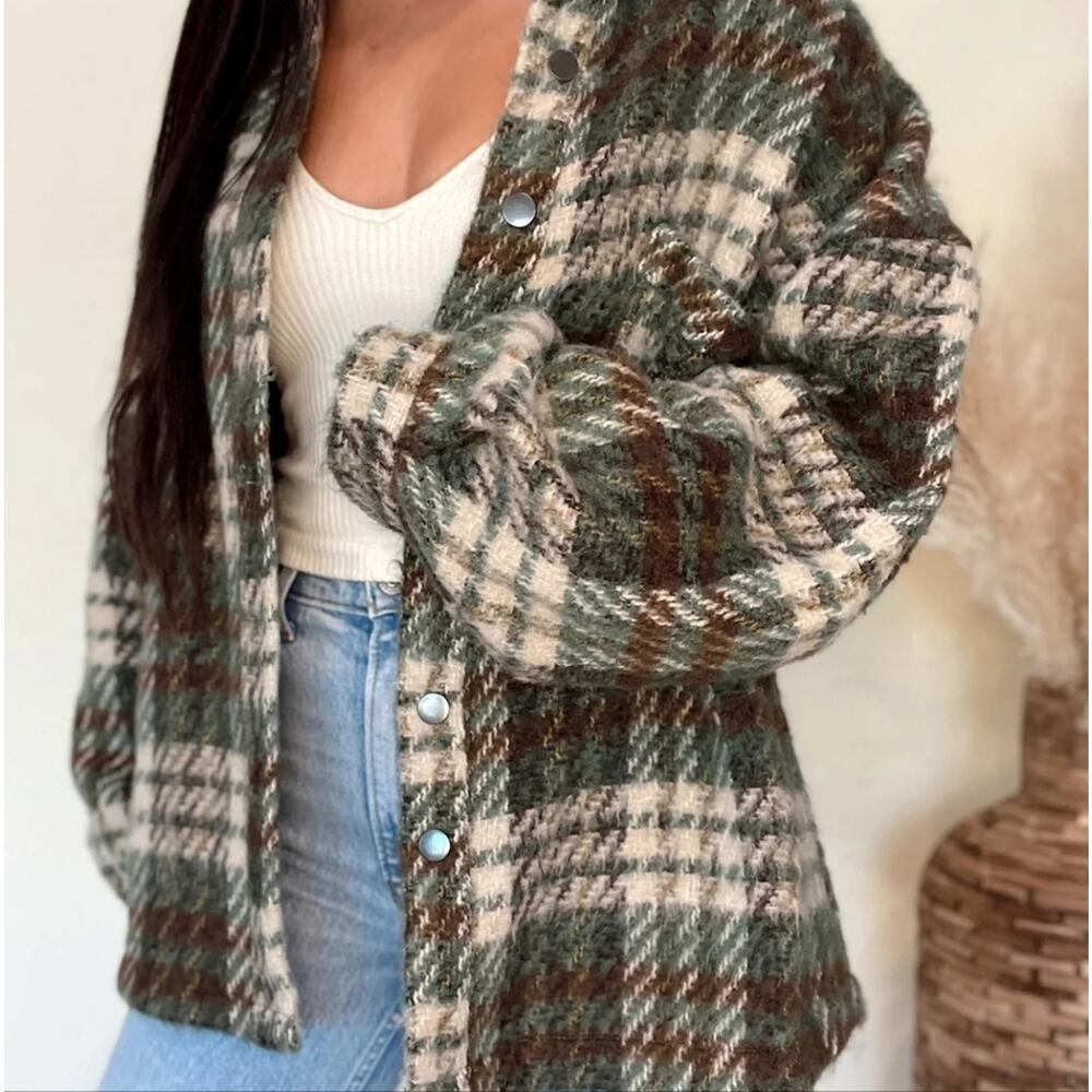 Minima LA Oversized Flannel Shacket Green Brown Plaid Shirt Jacket Cotton Med